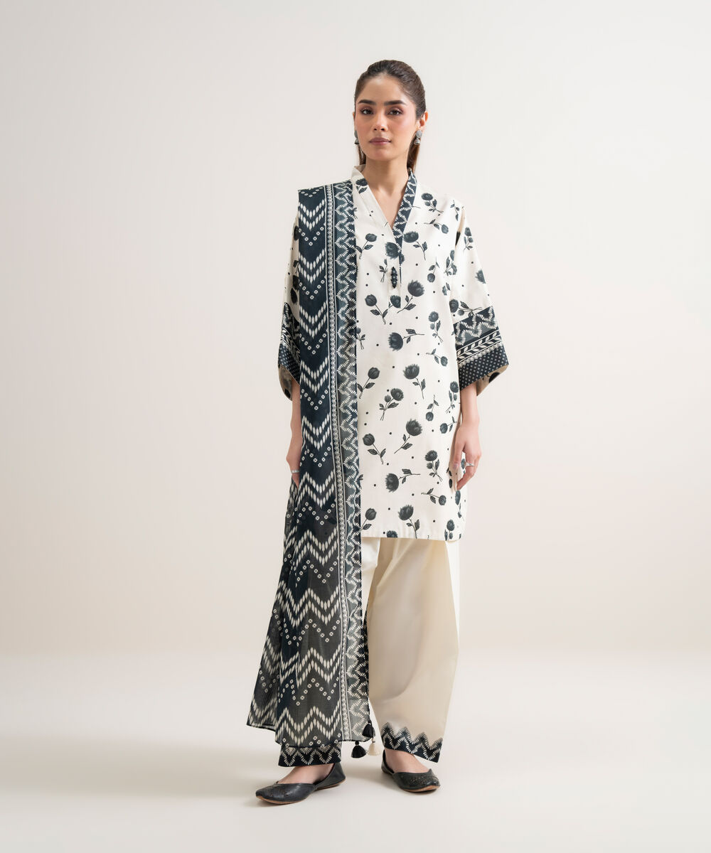 Women's Unstitched Lawn Printed Black and Off White 2 Piece Suit