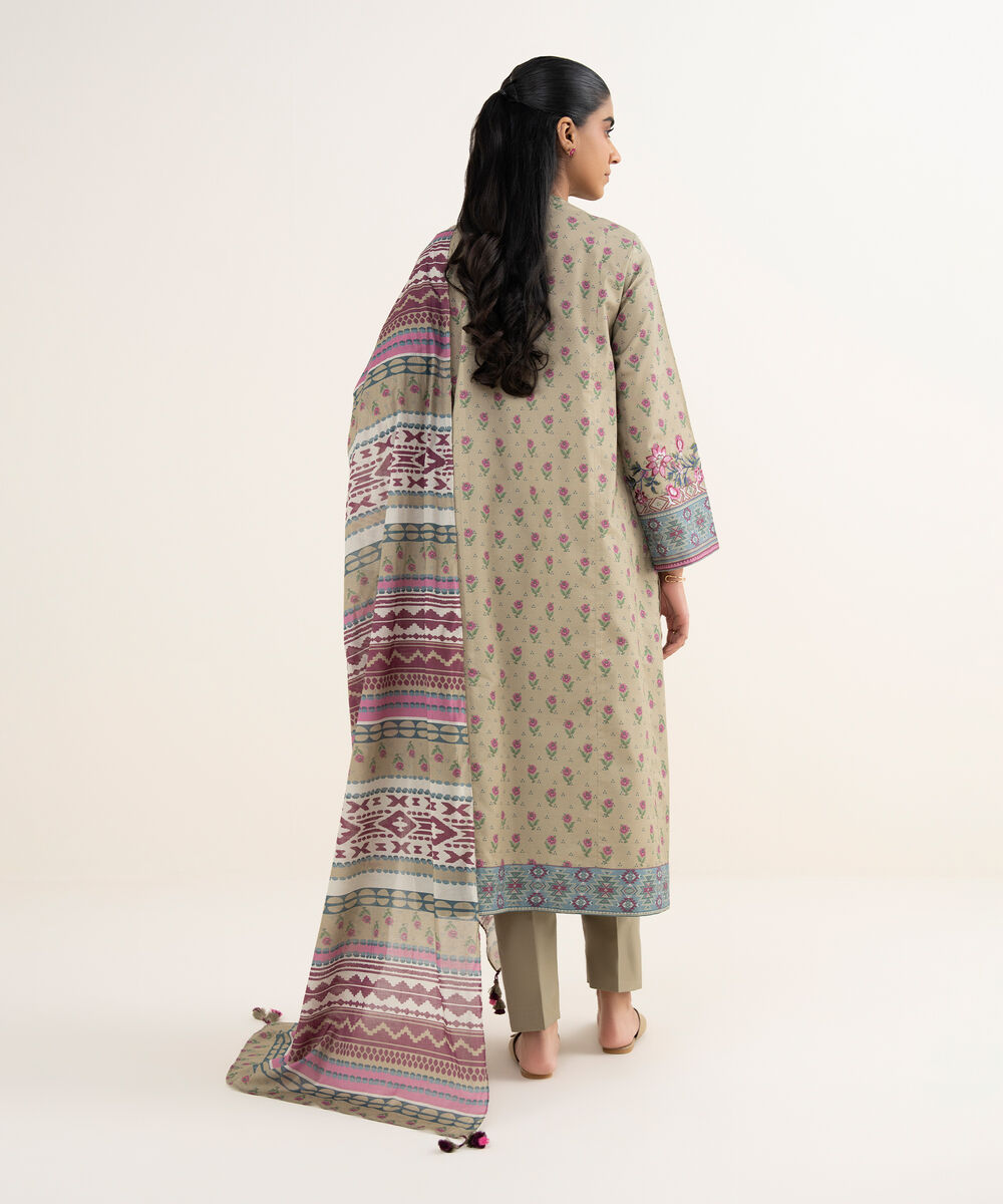 Women's Unstitched Textured Lawn Printed Beige 3 Piece Suit