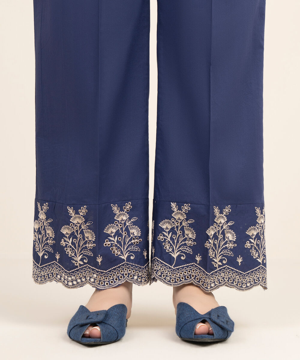 Women's RTW Cambric Embroidered Blue Straight Pants
