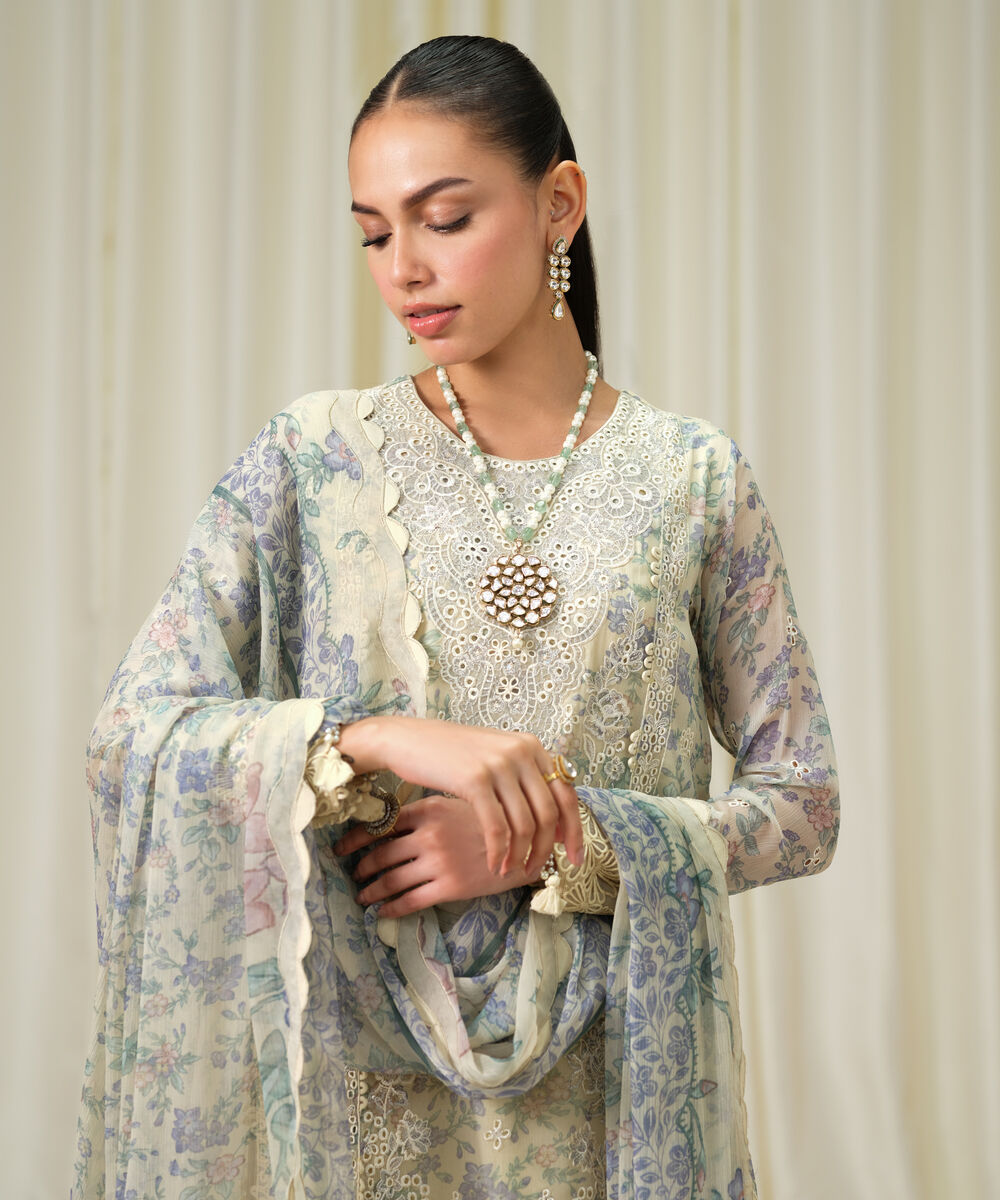 Women's Unstitched Blended Chiffon Embroidered Yellow 3 Piece Suit