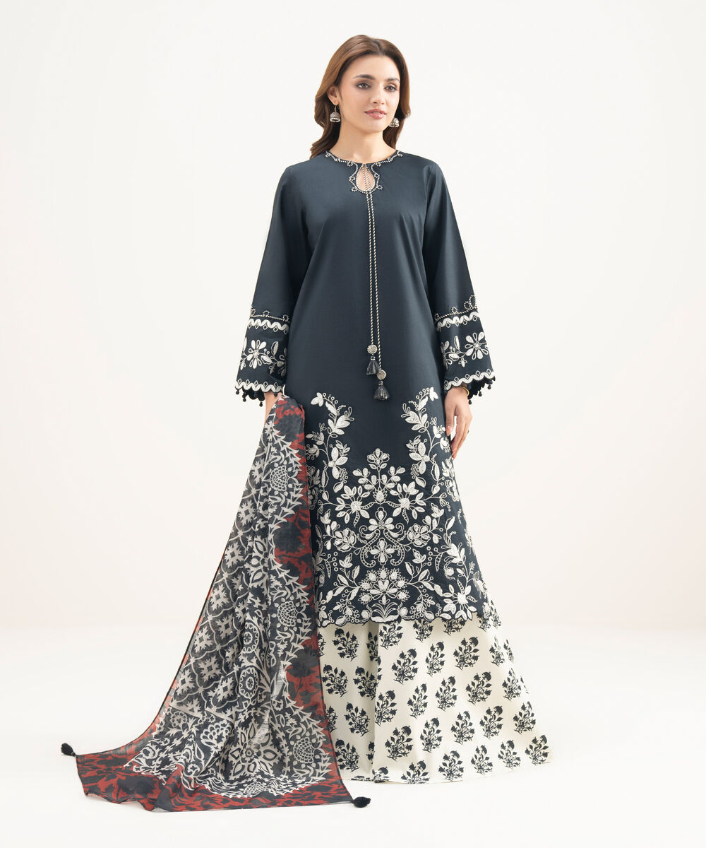 Women's Unstitched Textured Lawn Embroidered Black 3 Piece Suit