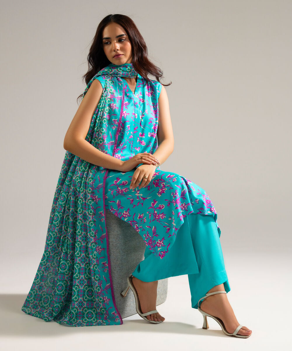 Women's RTW Arabic Lawn Printed Blue 3 Piece Suit