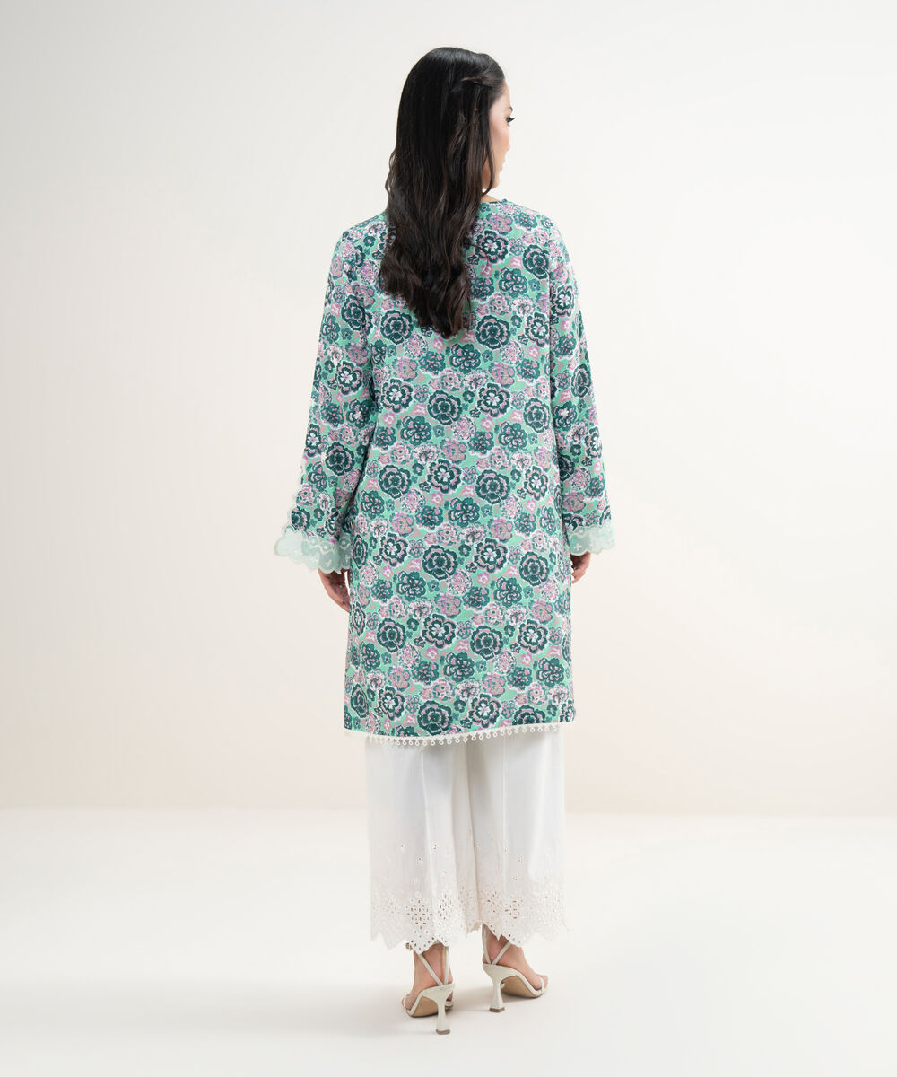 Women's RTW Viscose Raw Silk Embroidered Turquoise Straight Shirt