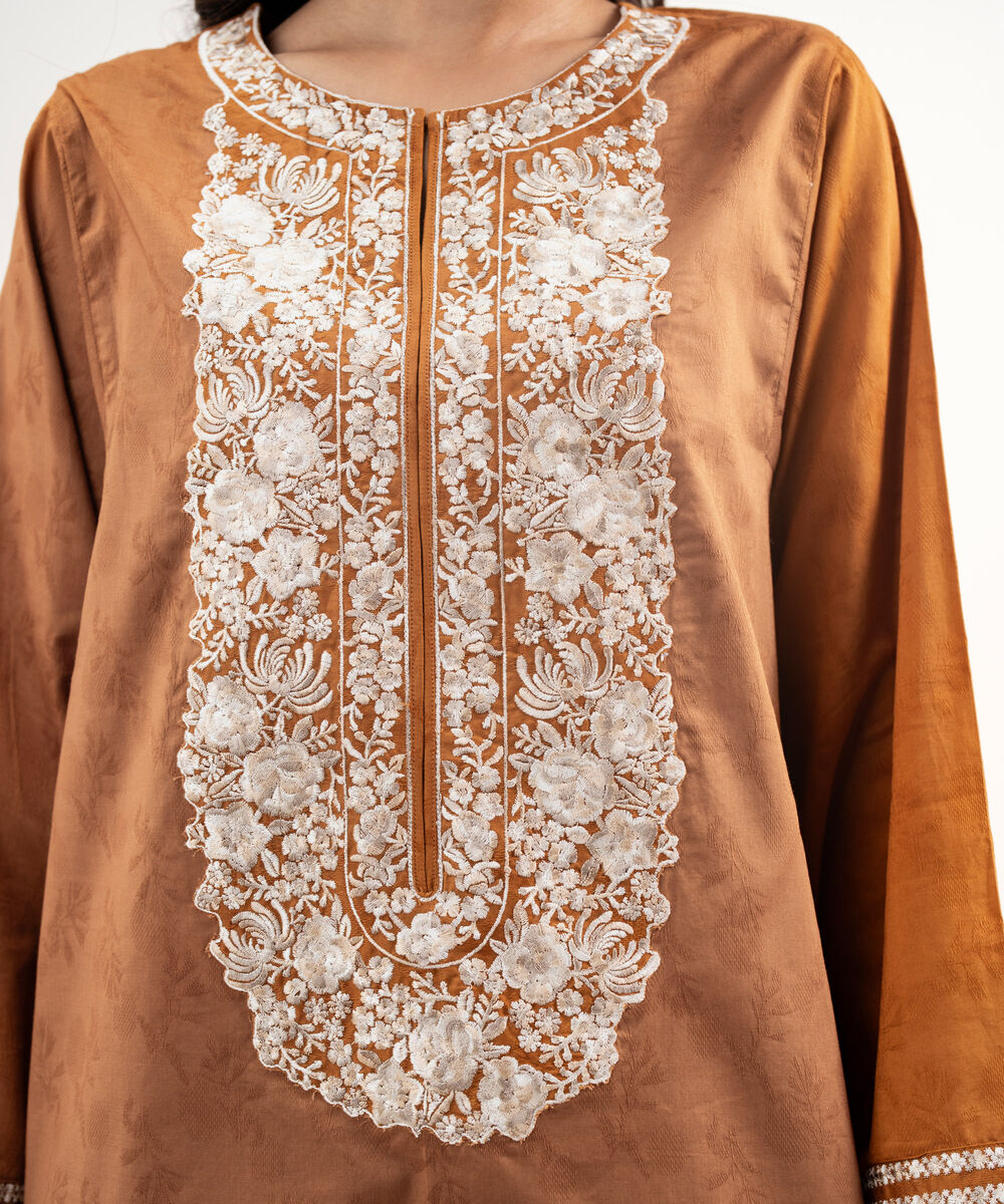 Women's RTW Self Jacquard Embroidered Brown 3 Piece Suit