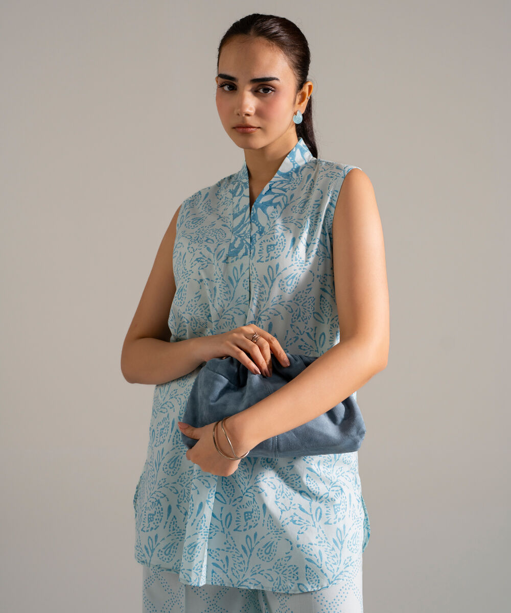 Women's RTW Lawn Printed Blue Straight Shirt