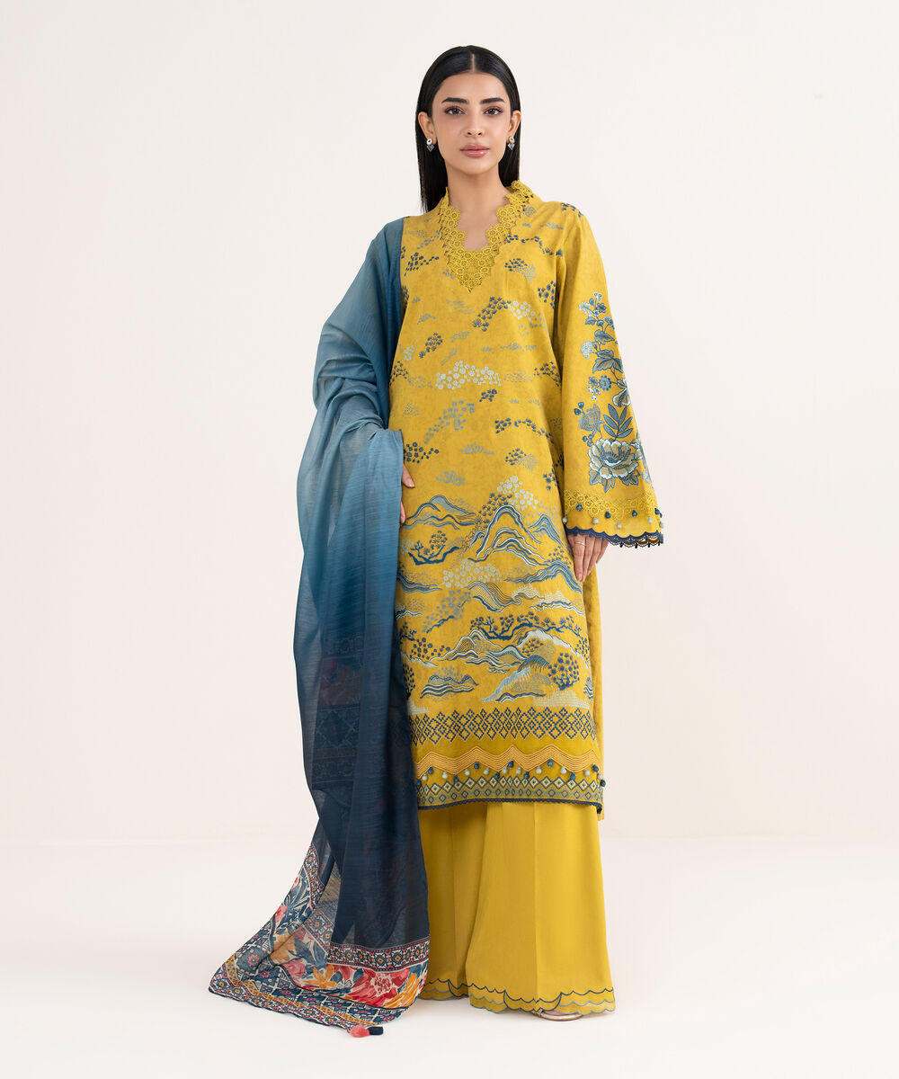 Women's Unstitched Cotton Jacquard Embroidered Yellow 3 Piece Suit