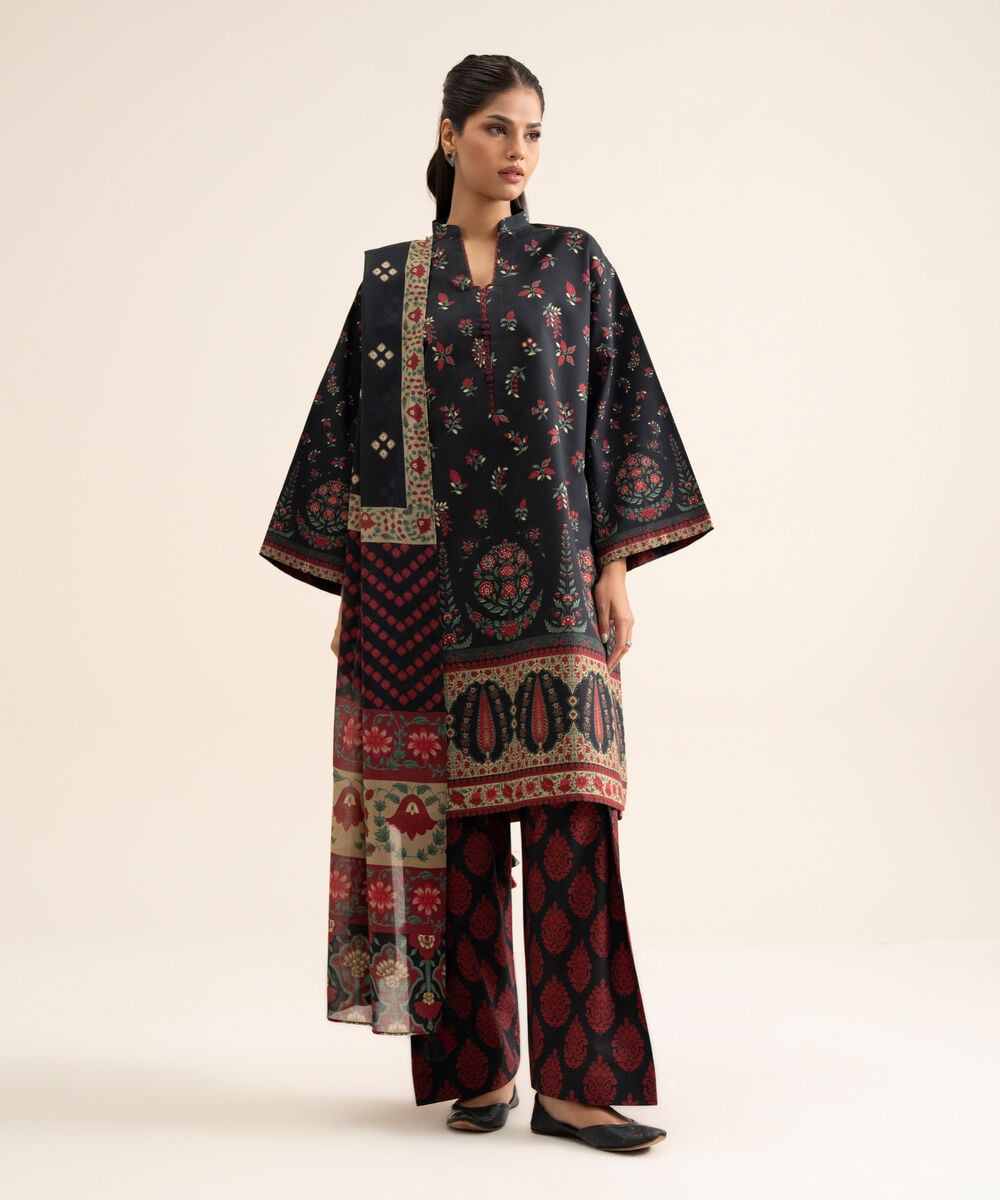 Women's Unstitched Premium Khaddar Printed Black 3 Piece Suit