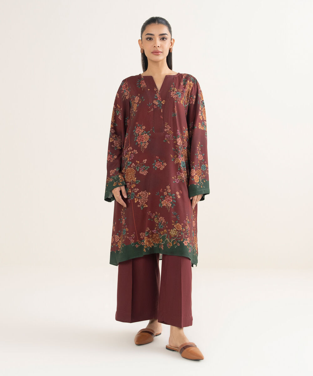 Women's RTW Linen Printed Maroon 2 Piece Suit