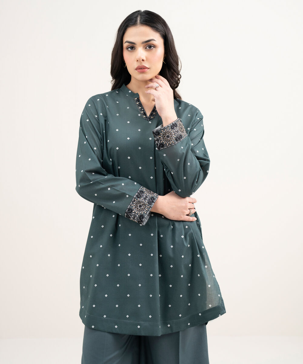 Women's RTW Lawn Embroidered Green Straight Shirt