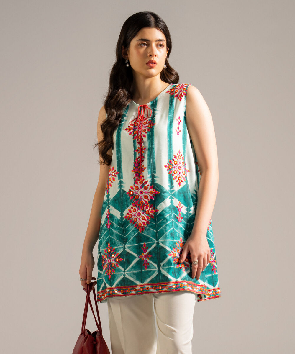 Women's RTW Dobby Embroidered Green Straight Shirt