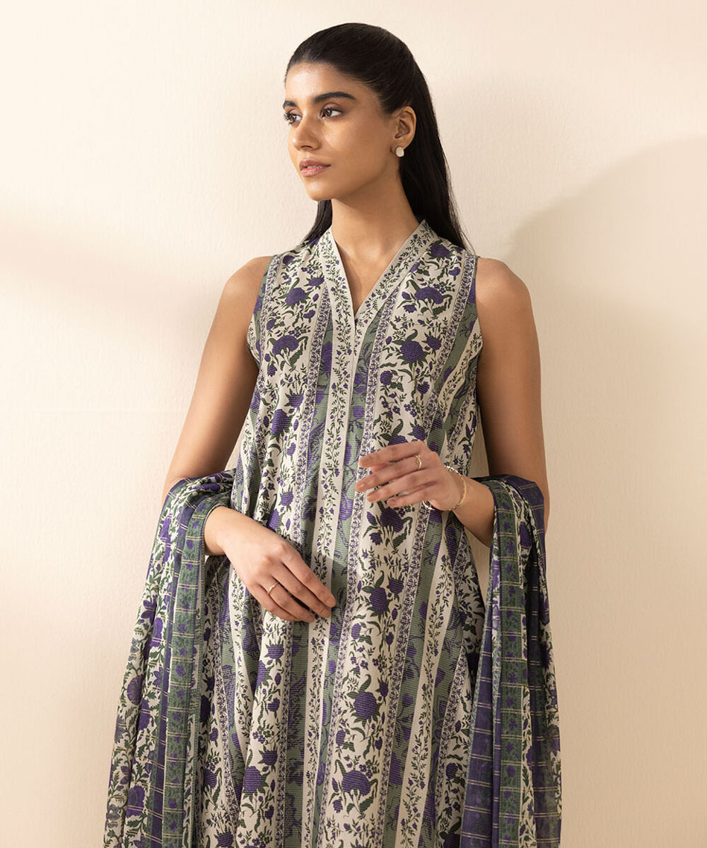 Unstitched Women's Off White Lawn Printed 3 Piece Suit