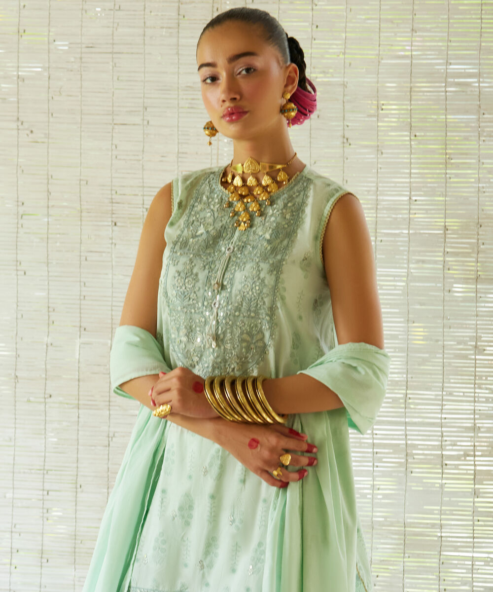 Women's RTW Lawn Embroidered Green 3 Piece Suit