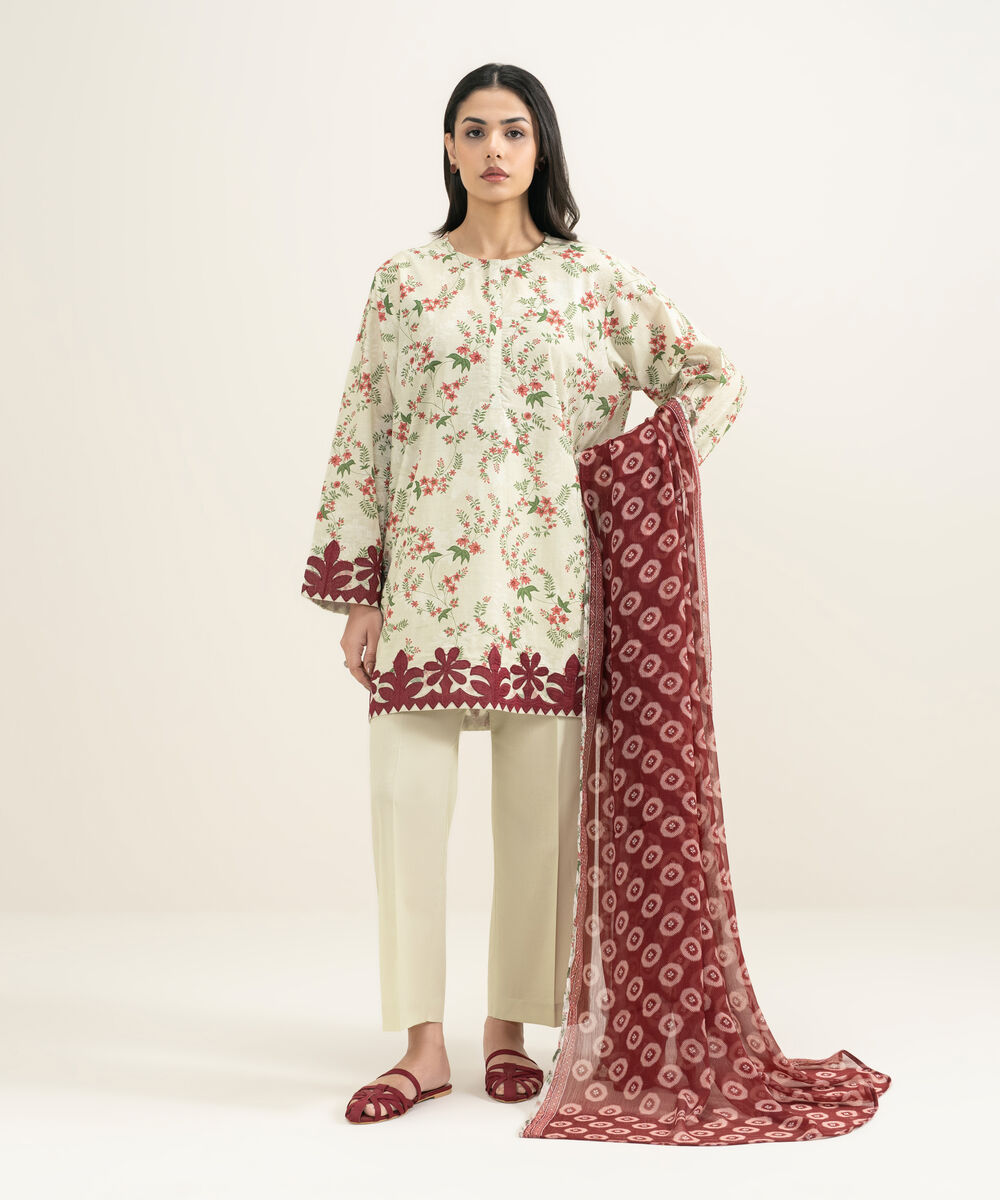 Women's RTW Slub Lawn Embroidered Multi Straight Shirt
