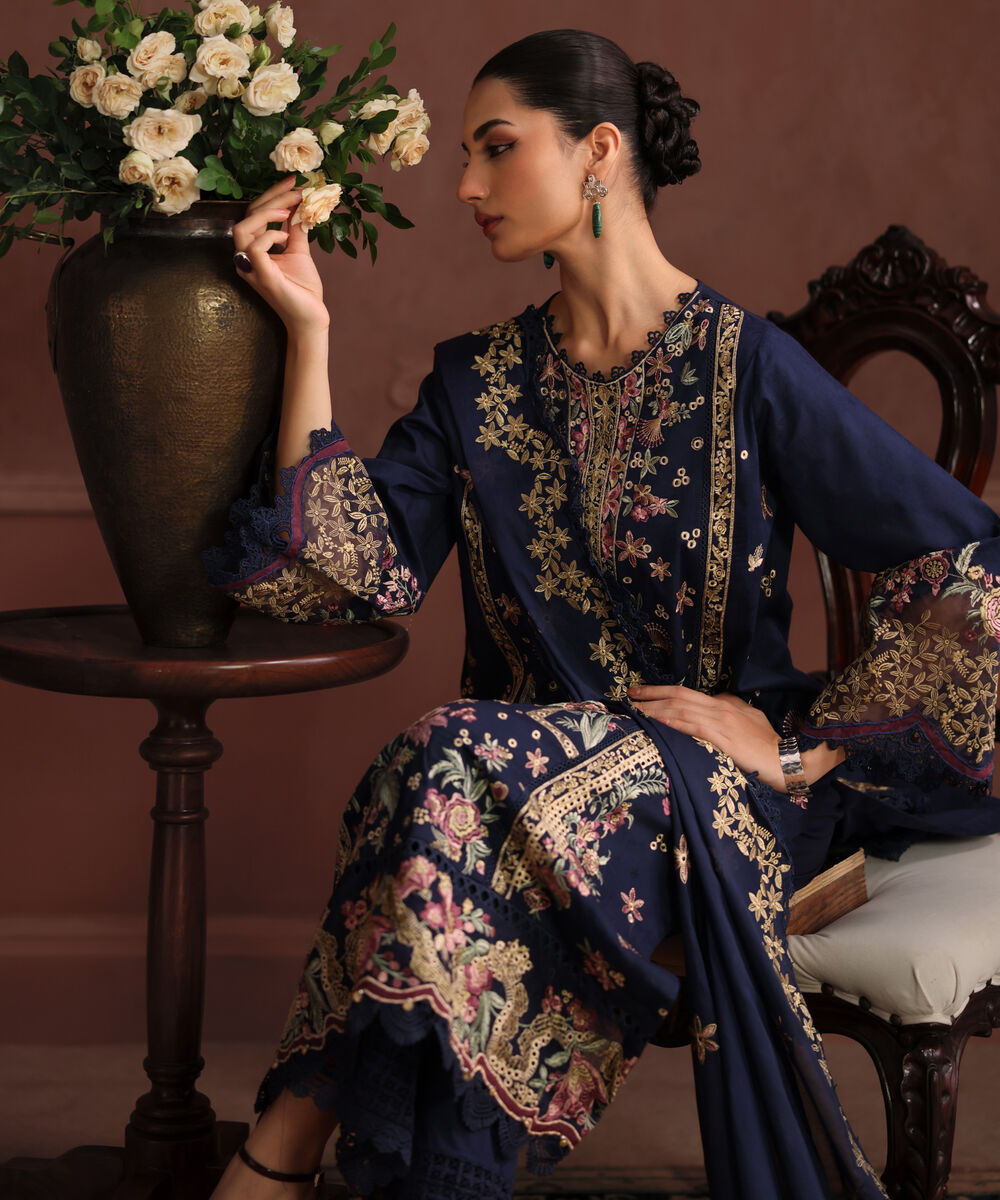 Women's RTW Self Jacquard Solid Embroidered Dark Blue 3 Piece Suit