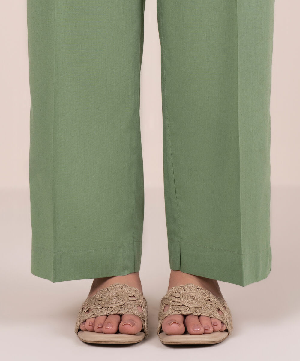Women's RTW Cotton Viscose Solid Green Straight Pants