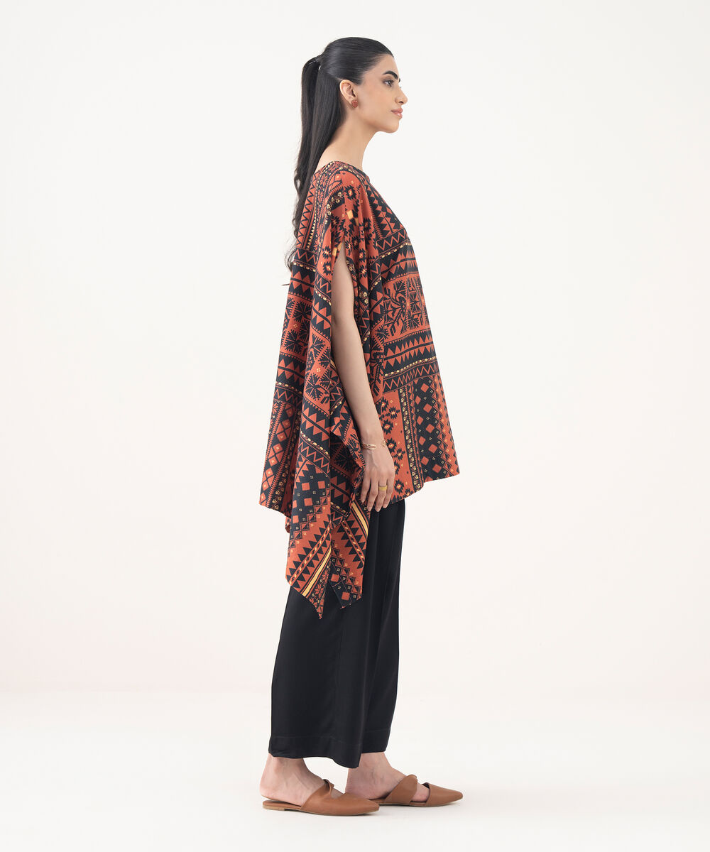Women's RTW Light Khaddar Rust Printed Kaftaan