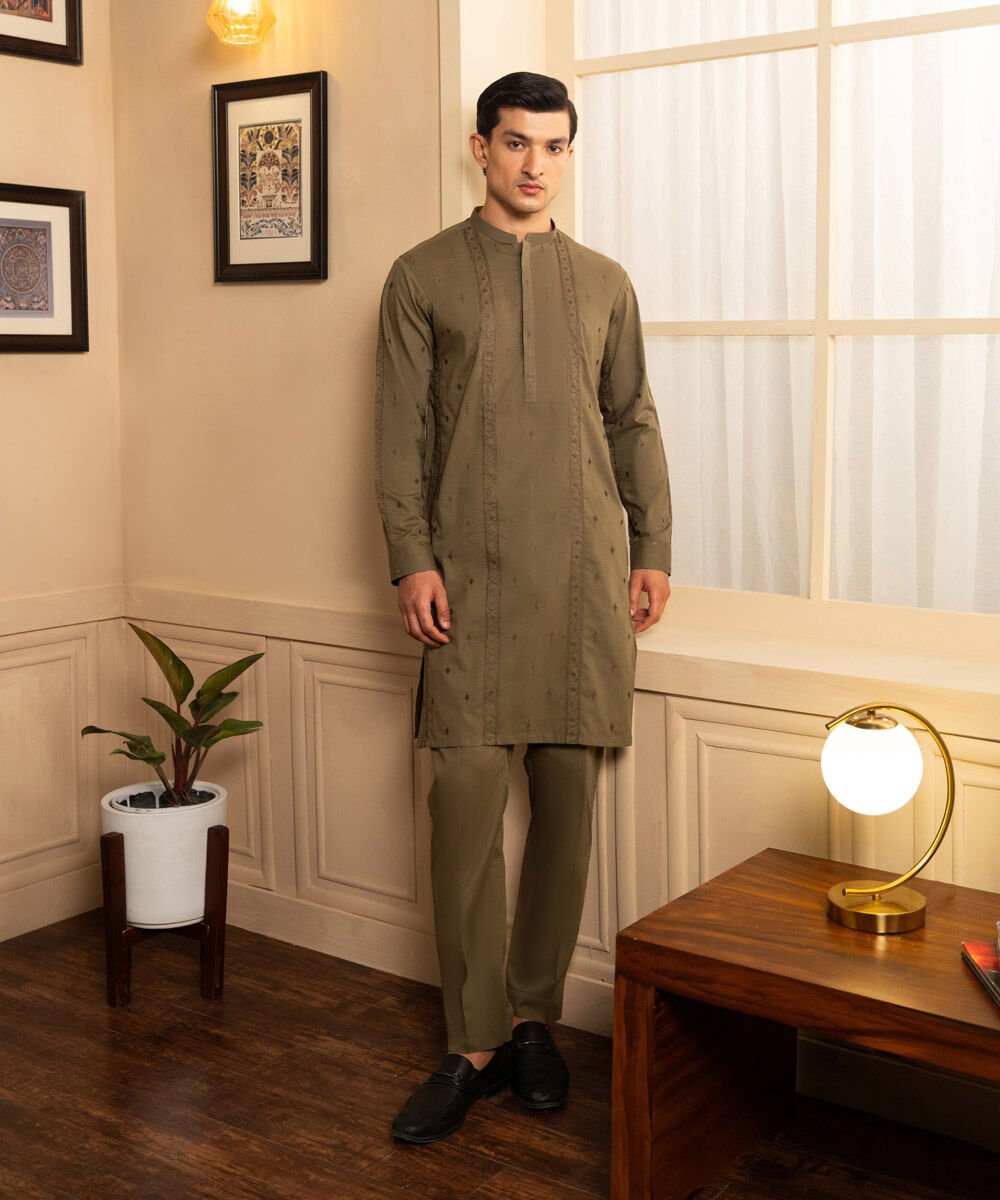 Men's Stitched Embroidered Green 2 PC Suit