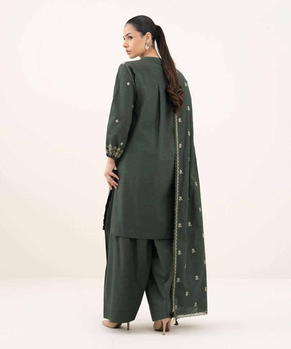 Women's Unstitched Embroidered Khaddar Green 3 Piece Suit