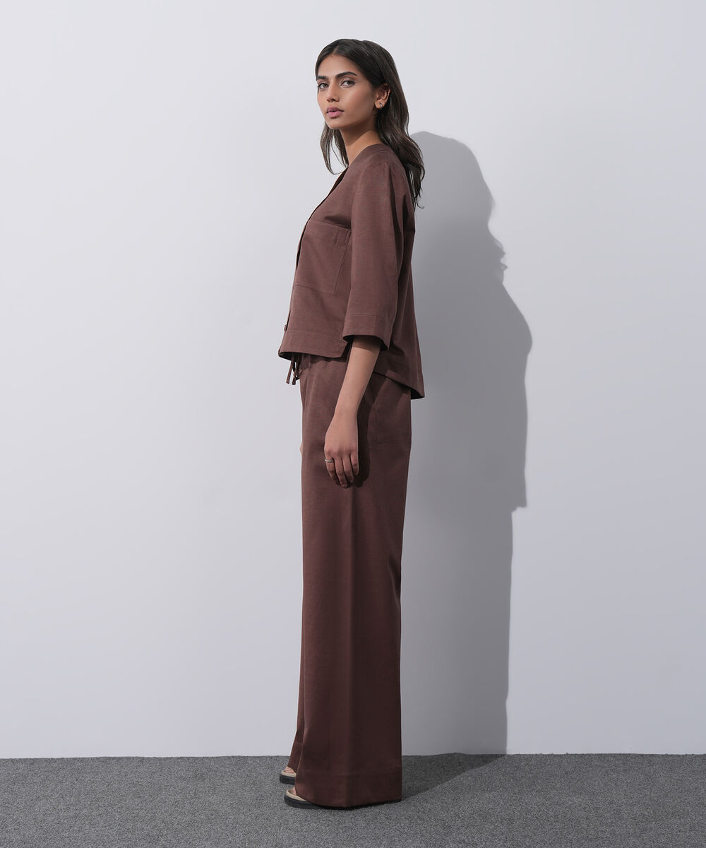 Women's Western Wear Brown V-Neck Linen Blend Shirt