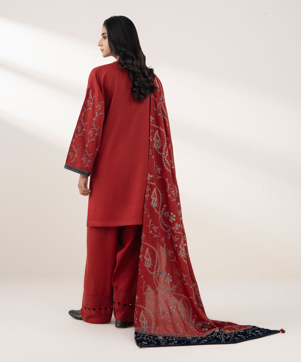 Women's RTW Cotton Karandi Embroidered Red 3 Piece Suit