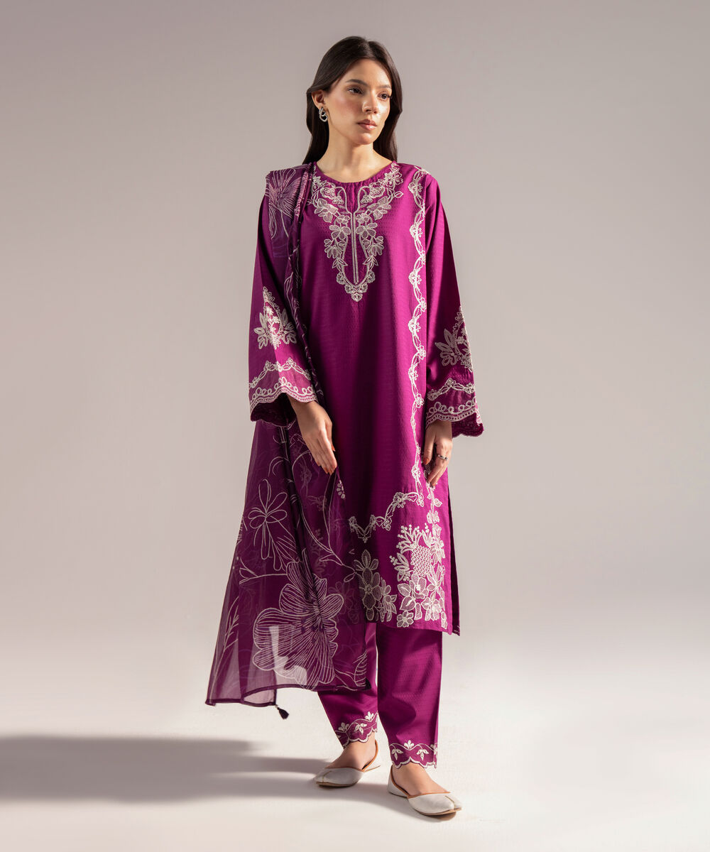 Women's RTW Dobby Embroidered Purple 3 Piece Suit