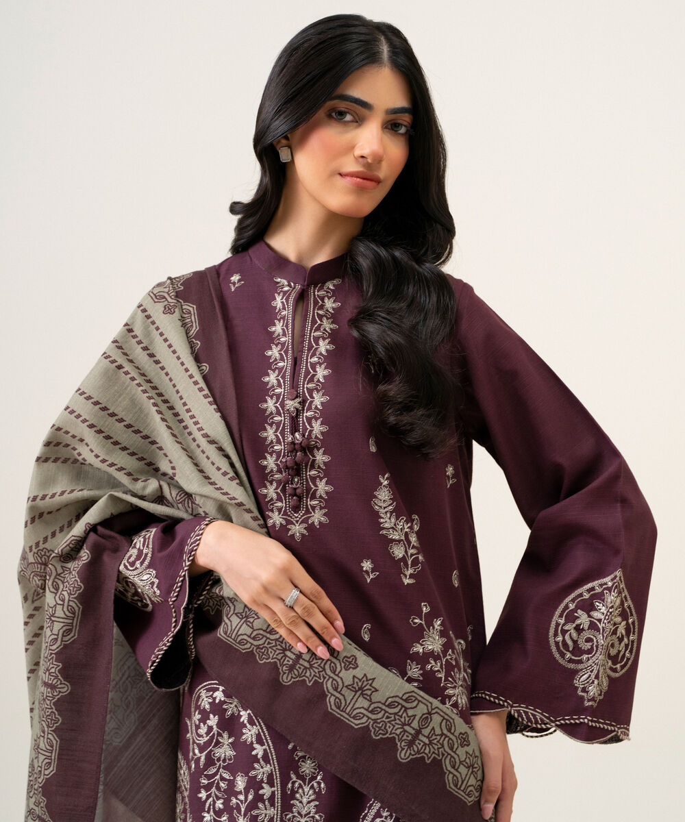 Womens Unstitched Light Khaddar Embroidered Plum 3 Piece Suit