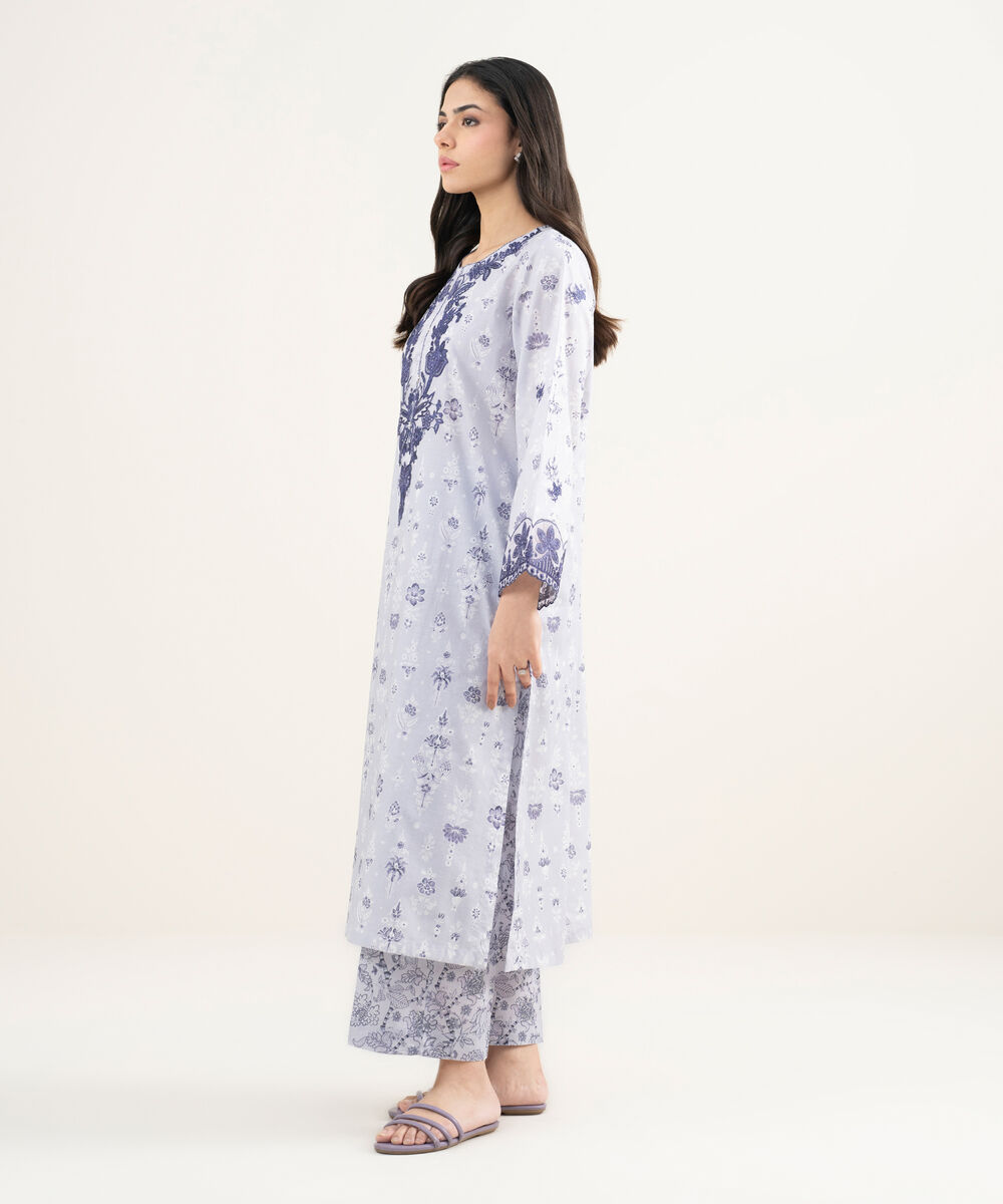 Women's RTW Slub Lawn Embroidered Light Purple A-Line Shirt