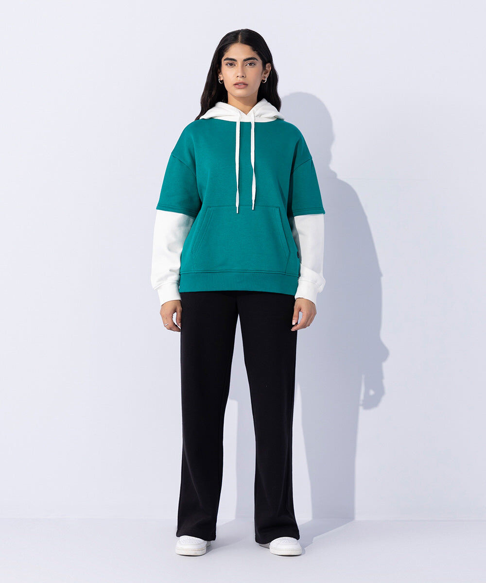 Woman - Green Fleece Color Blocked Hoodie