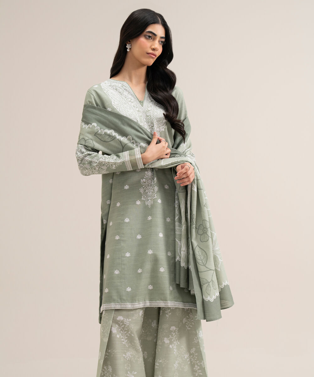 Women's Unstitched Premium Khaddar Embroidered Light Green 3 Piece Suit