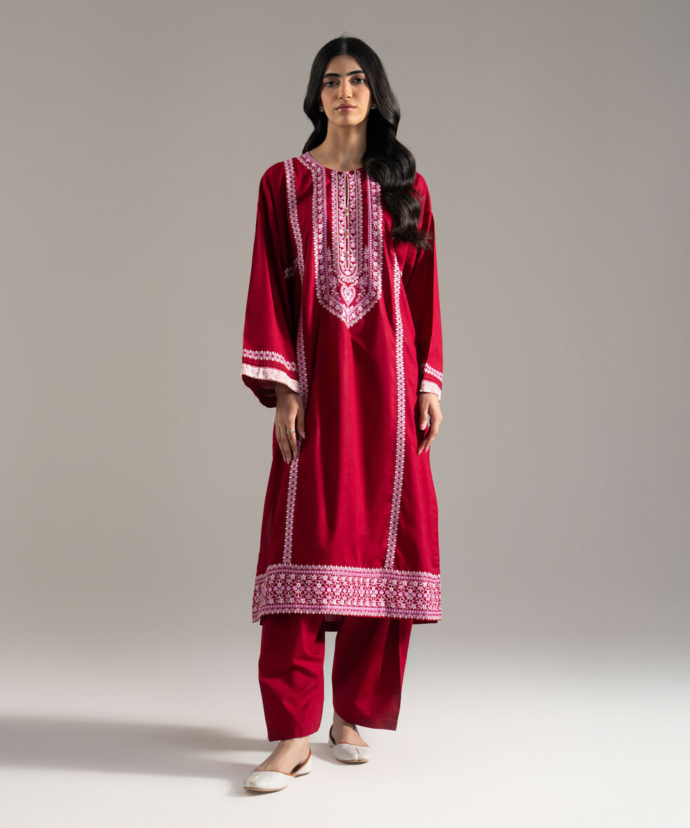 Women's RTW  Cambric Solid Embroidered Maroon Drop Shoulder