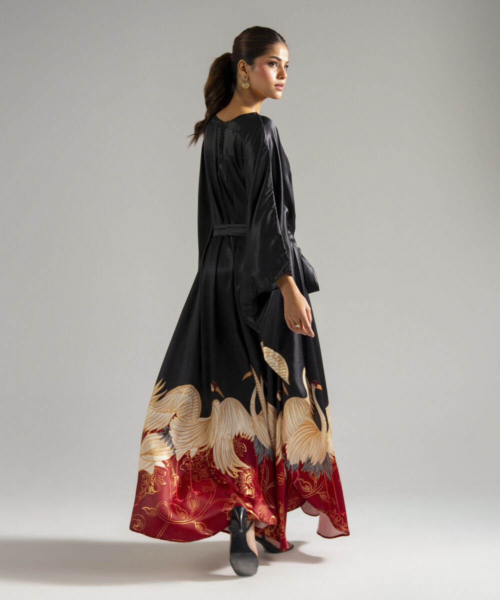 Women's RTW Blended Satin Printed Black Kaftan