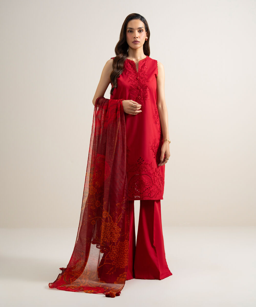 Women's Unstitched Slub Lawn Embroidered Red 3 Piece Suit
