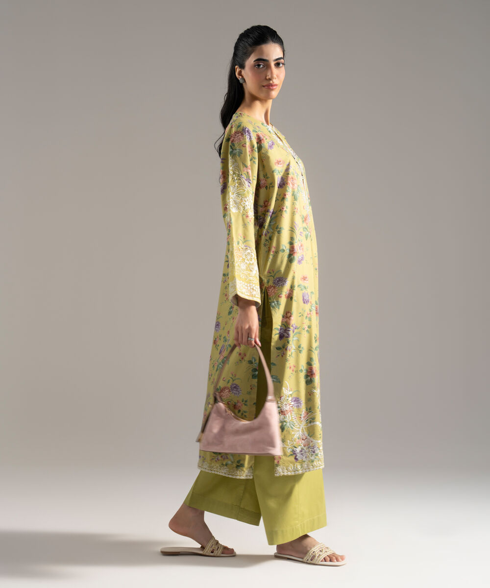 Women's RTW Cotton Viscose Printed Embroidered Yellow 2 Piece Suit