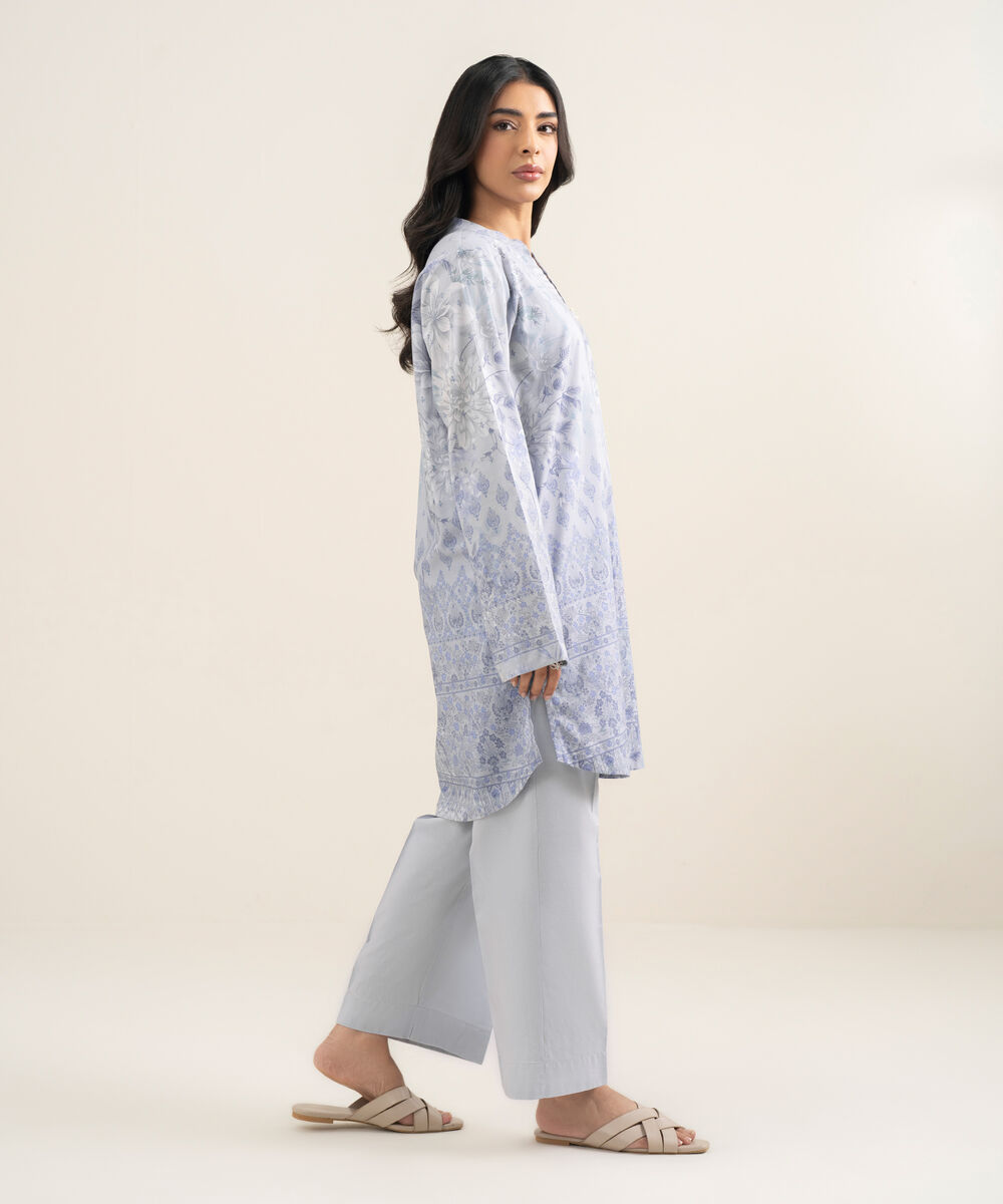 Women's RTW Cotton Viscose Printed Purple Straight Shirt