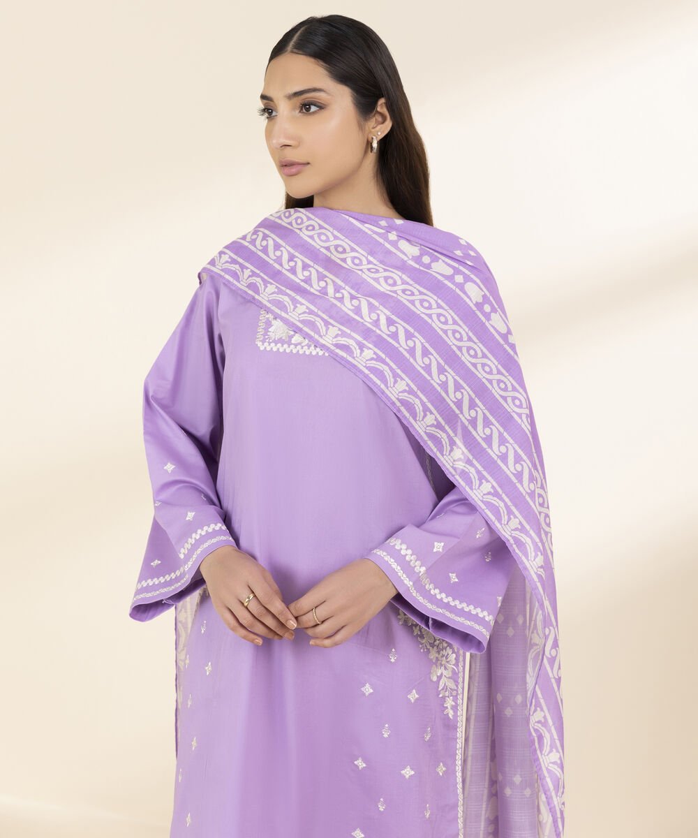 Unstitched Women's Purple Textured Lawn 3 Piece Suit