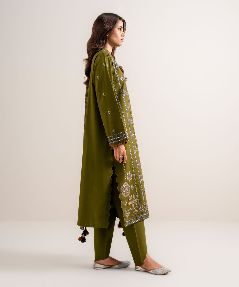 Women's Unstitched Embroidered Cotton Viscose Olive Green 3 Piece Suit