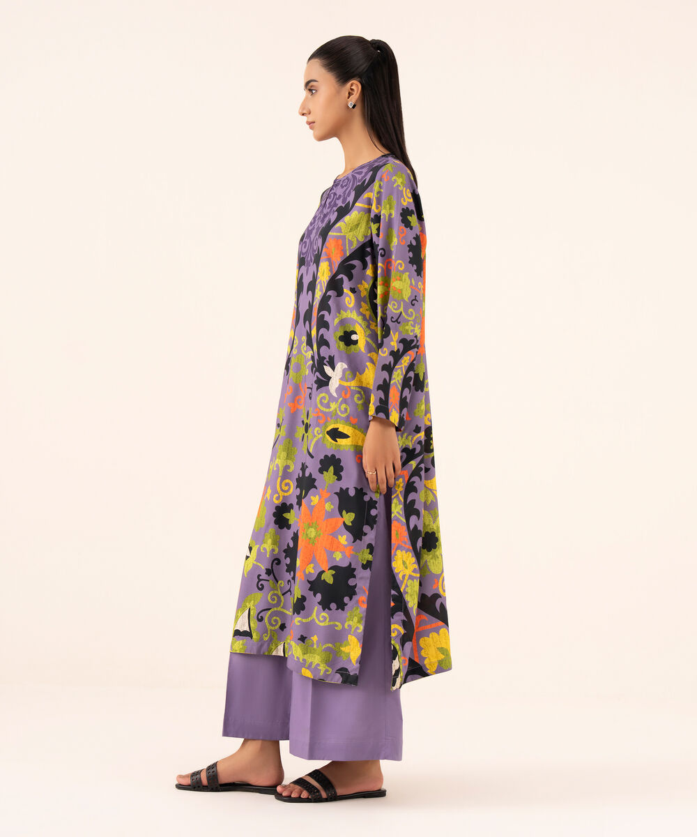 Women's RTW Arabic Lawn Lilac Printed Drop Shoulder Shirt