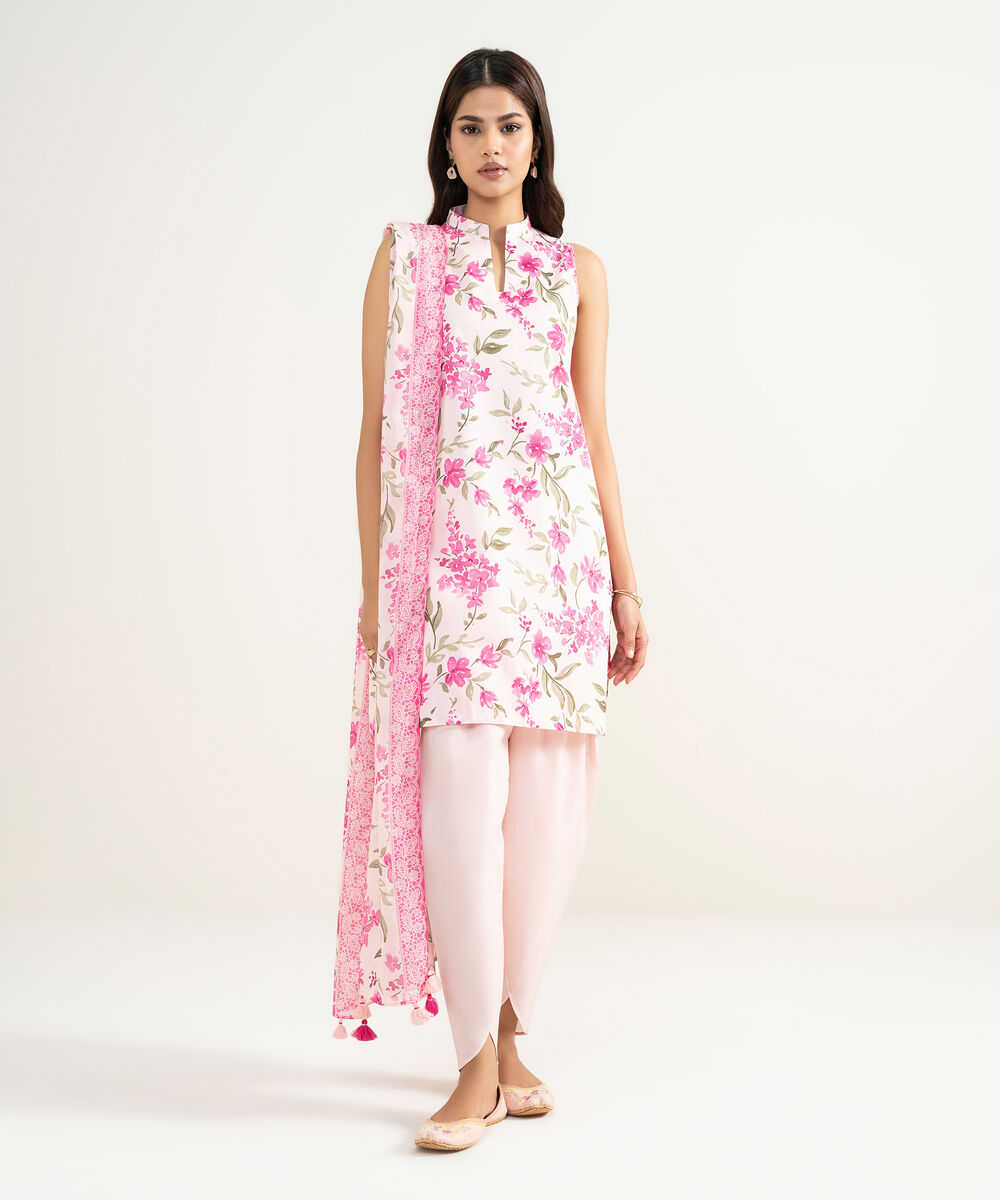 Women's Unstitched Lawn Printed Pink 3 Piece Suit