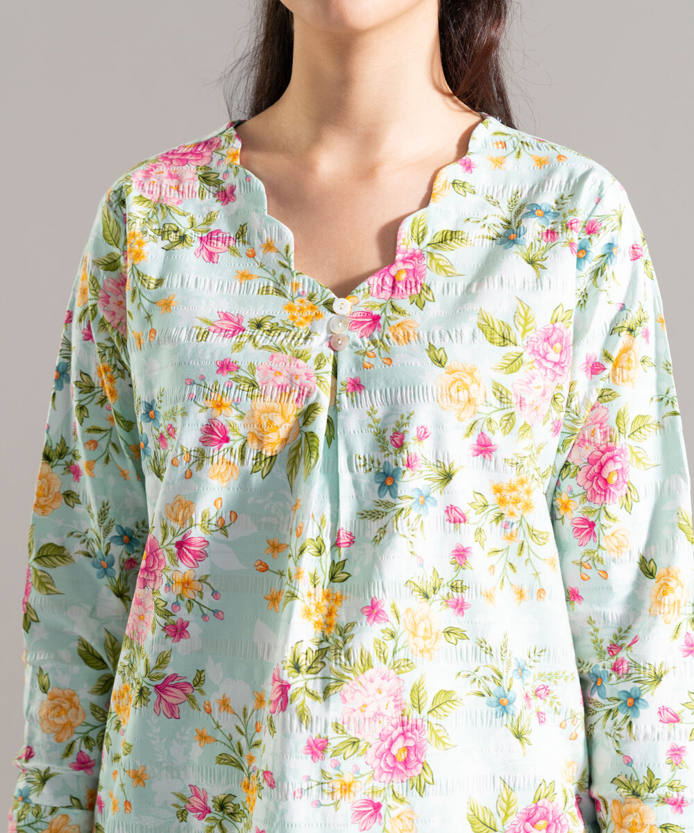 Women's RTW Seersucker Printed Turquoise Straight Shirt