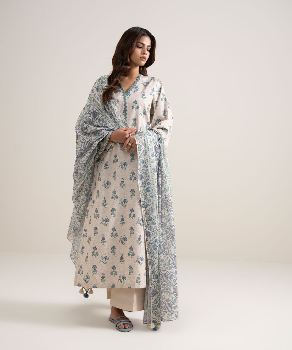 Women's Unstitched Lawn Printed Light Beige 3 Piece Suit
