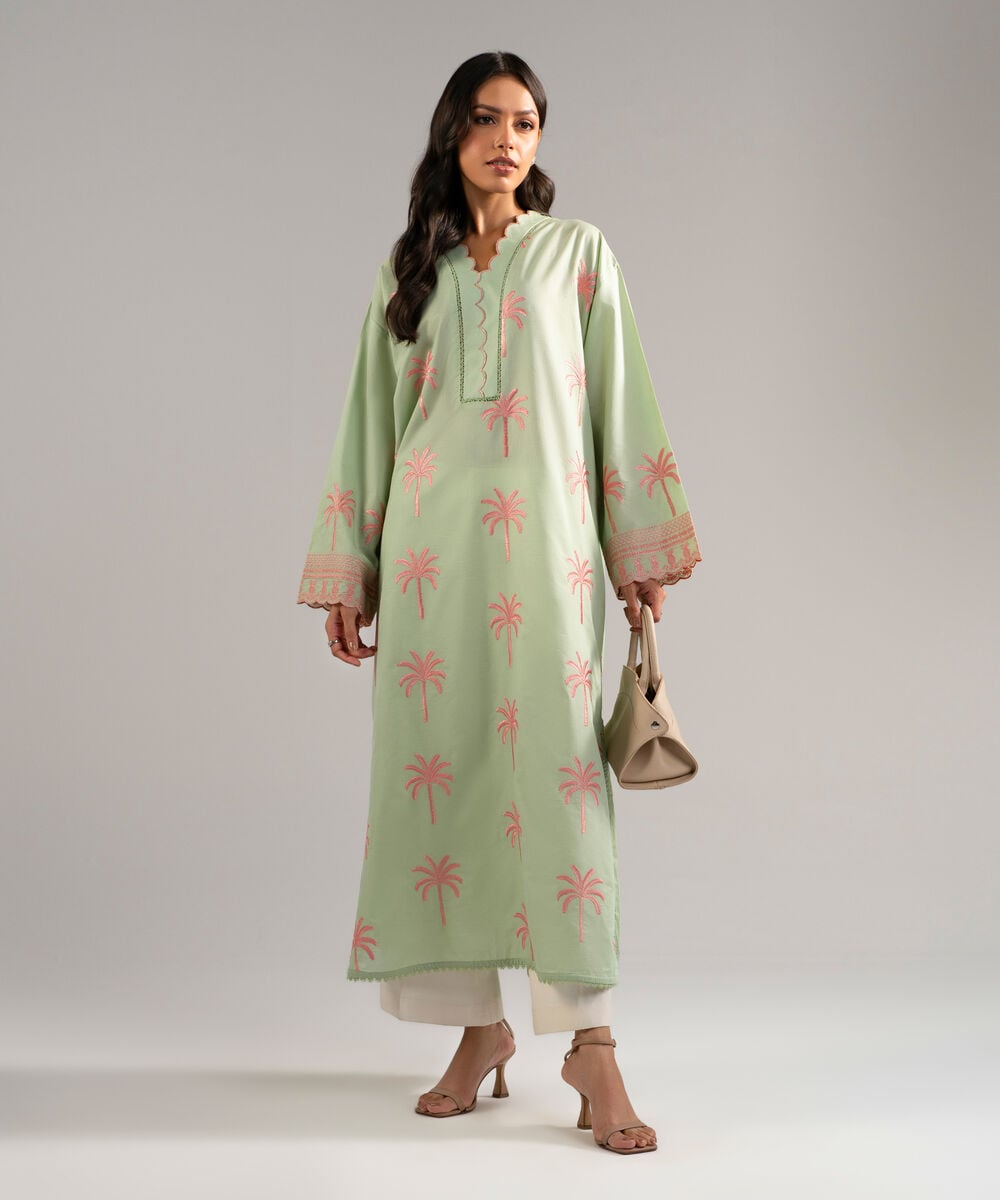 Women's RTW Zari Lawn Embroidered Green Drop Shoulder Shirt