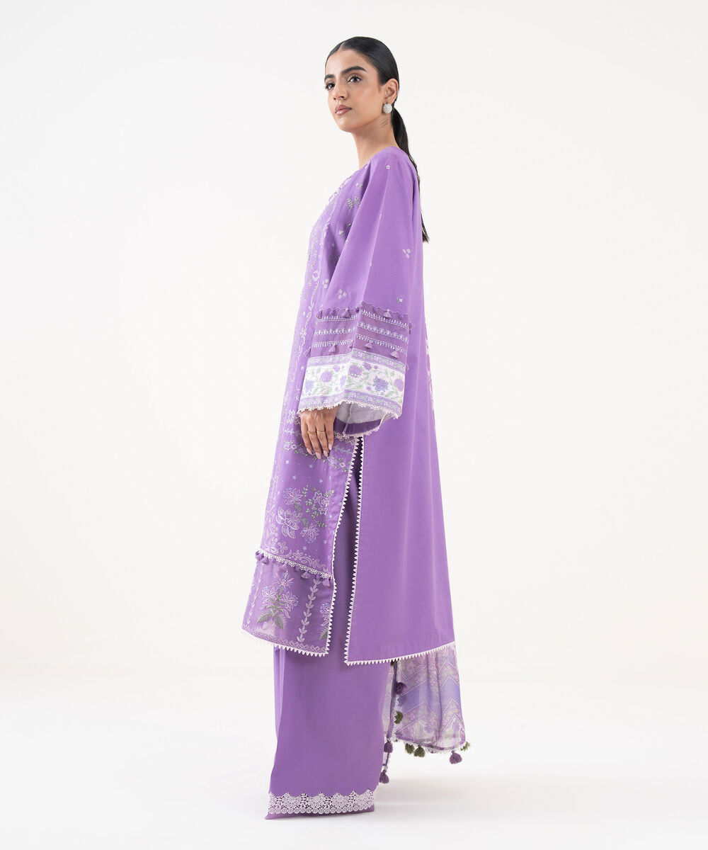 Women's Unstitched Raw Silk  Embroidered Lilac 3 Piece Suit