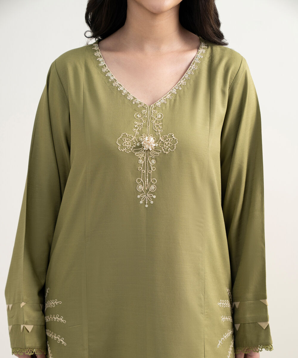 Women's RTW Cotton Viscose Embroidered Green 3 Piece Suit