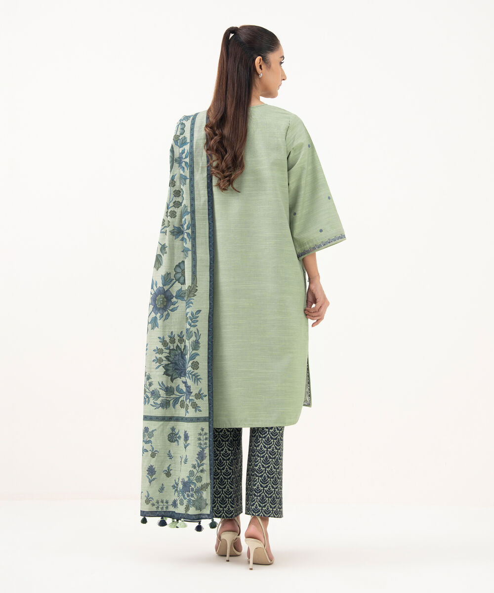 Women's Unstitched Light Khaddar Embroidered Green 3 Piece Suit