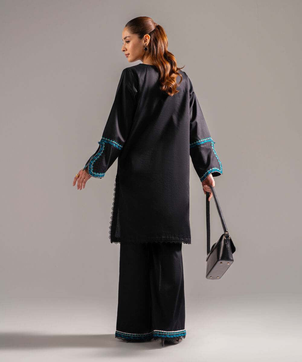 Women's RTW Cotton Satin Embroidered Black 2 Piece Suit