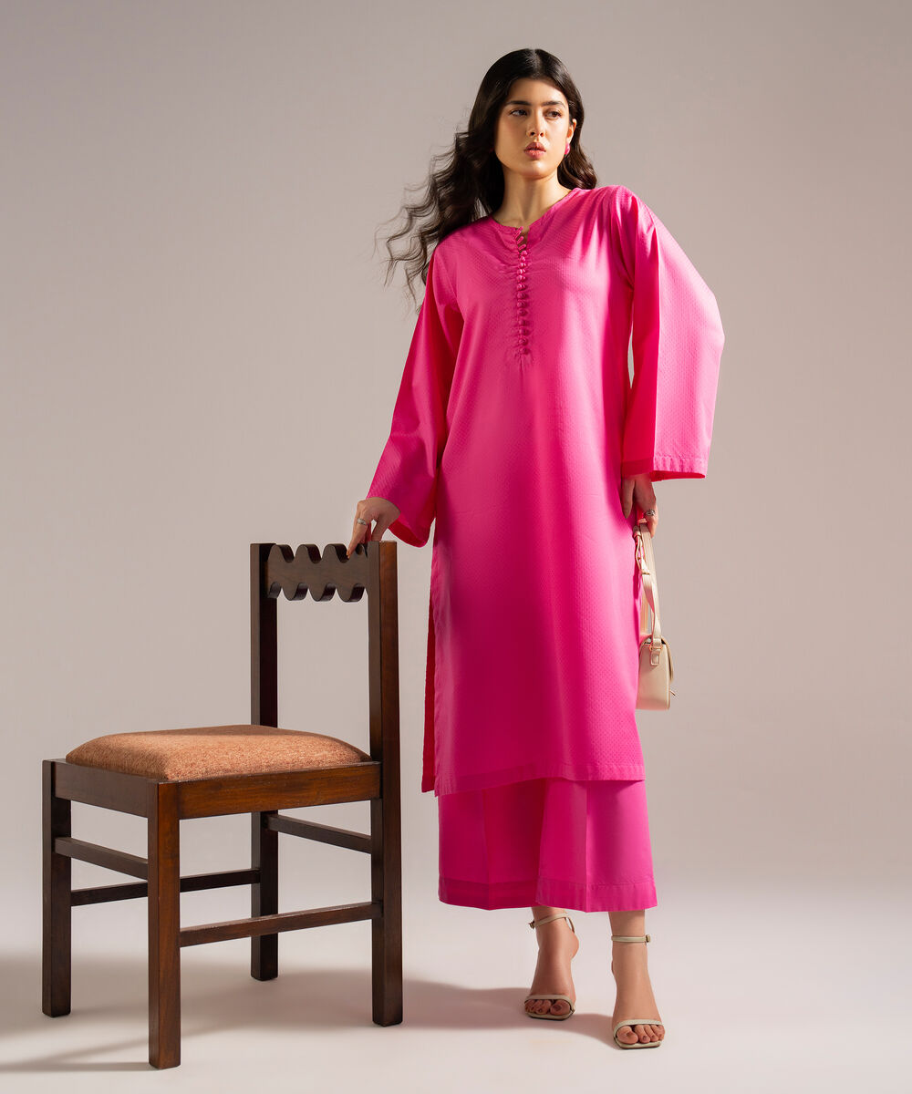 Women's RTW Dobby Solid Pink Straight Shirt