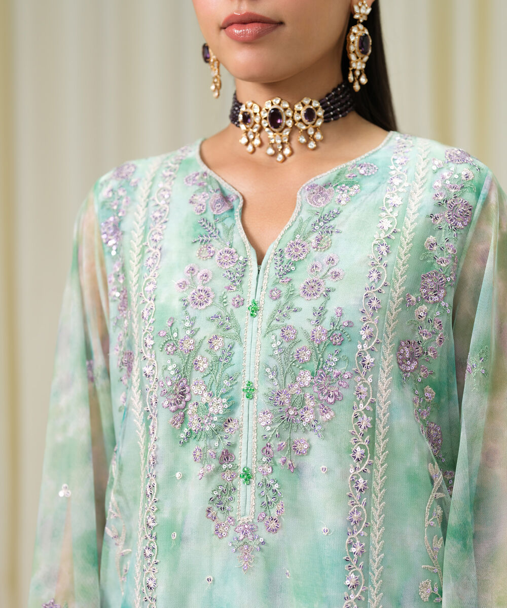 Women's Unstitched Blended Net Embroidered Green 3 Piece Suit
