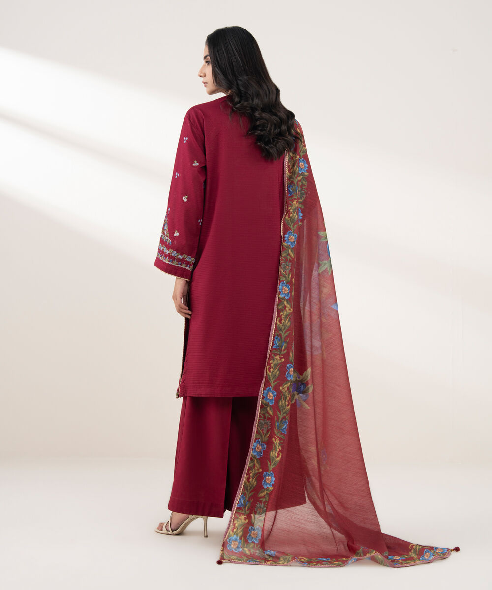 Women's RTW Dobby Embroidered Maroon 3 Piece Suit