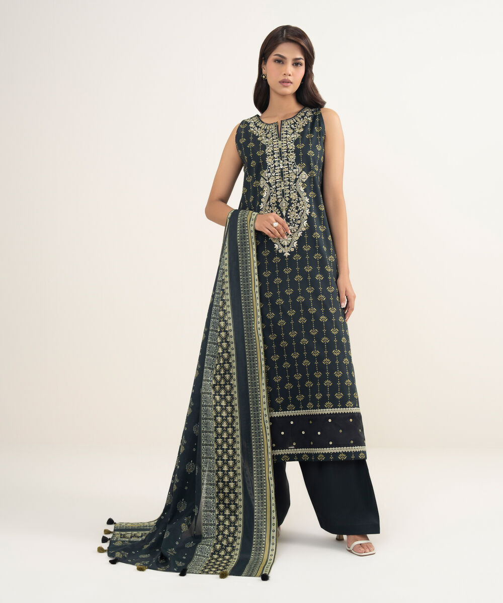 Women's Unstitched Lawn Embroidered Black 3 Piece Suit