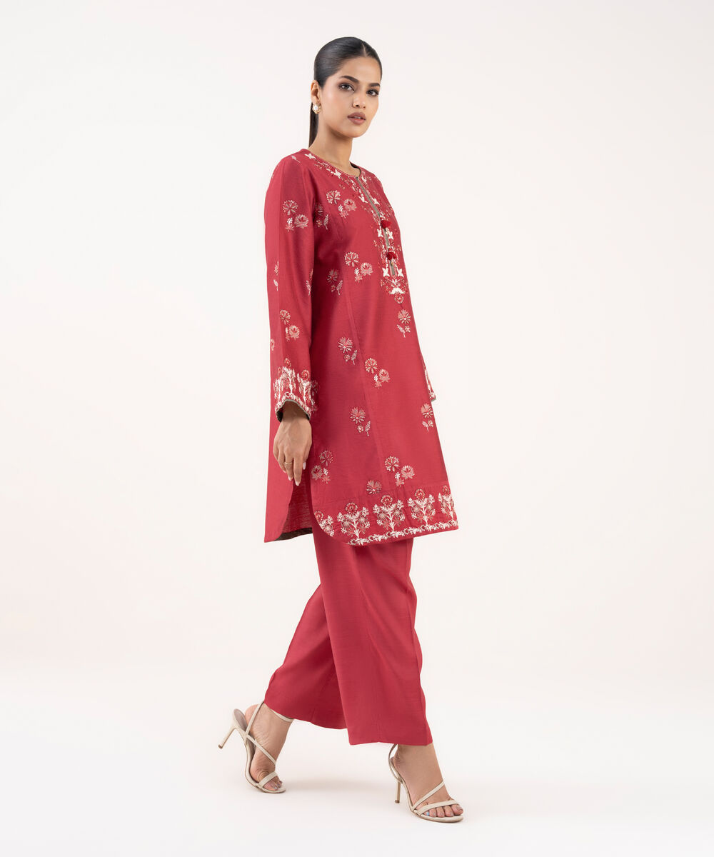 Women's RTW Silk Cotton Net Red Embroidered 2 Piece Suit
